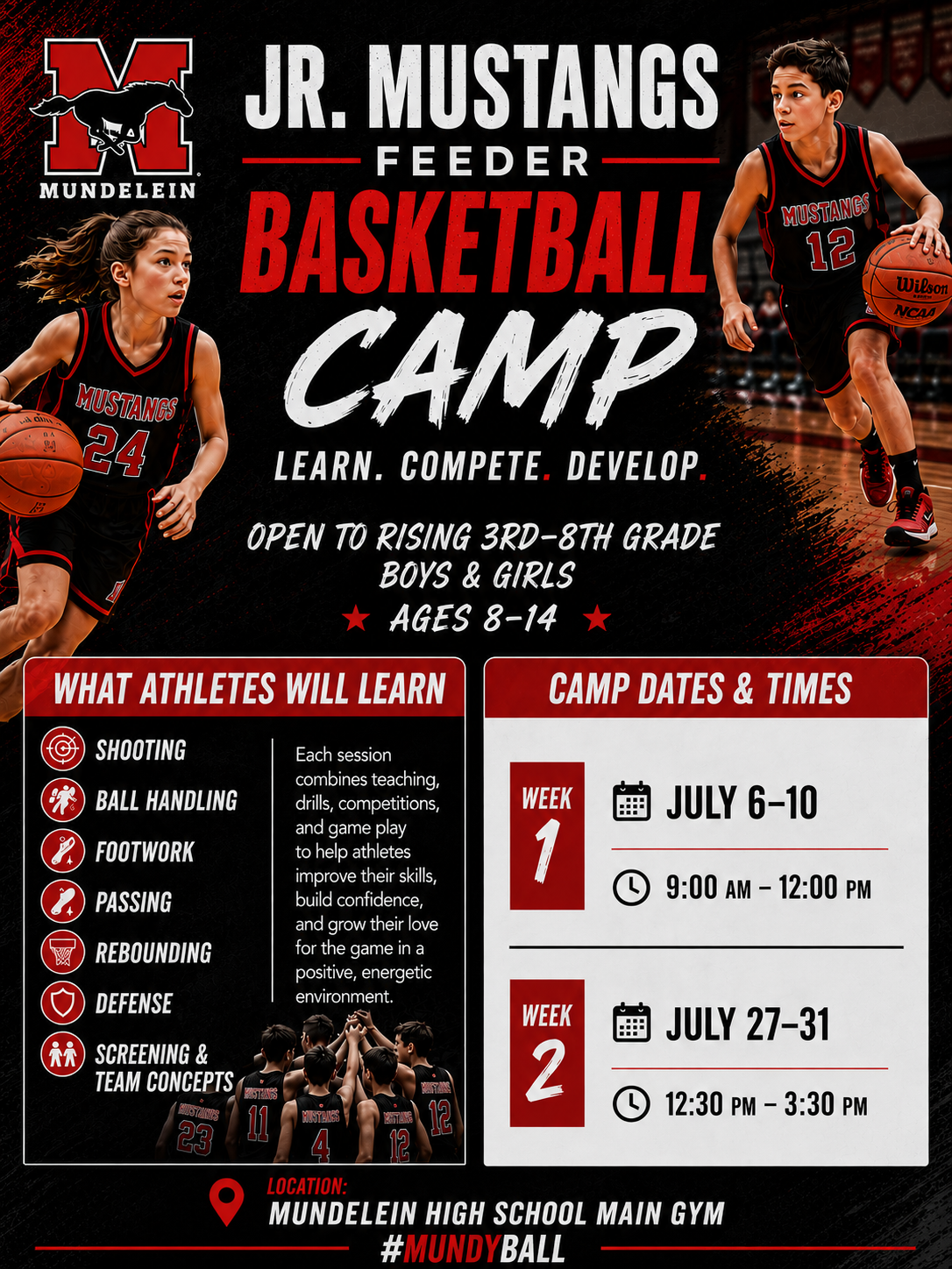 Jr. Mustangs Feeder Basketball Camp 2026 official flyer